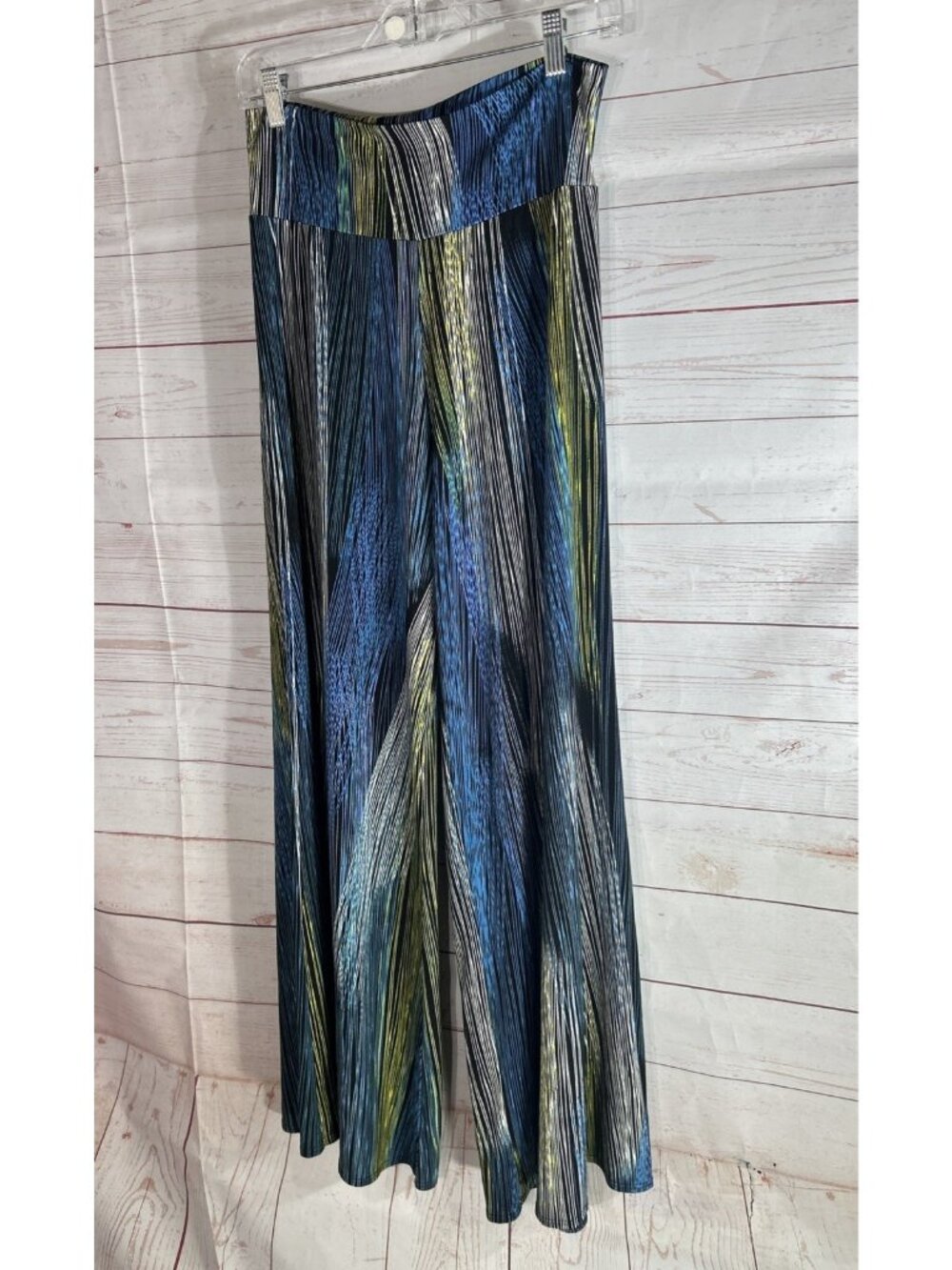 Clara Sun Woo Pants Women's Size Medium flair Leg Pull On Stretch Blue Gold Gray - Picture 2 of 10